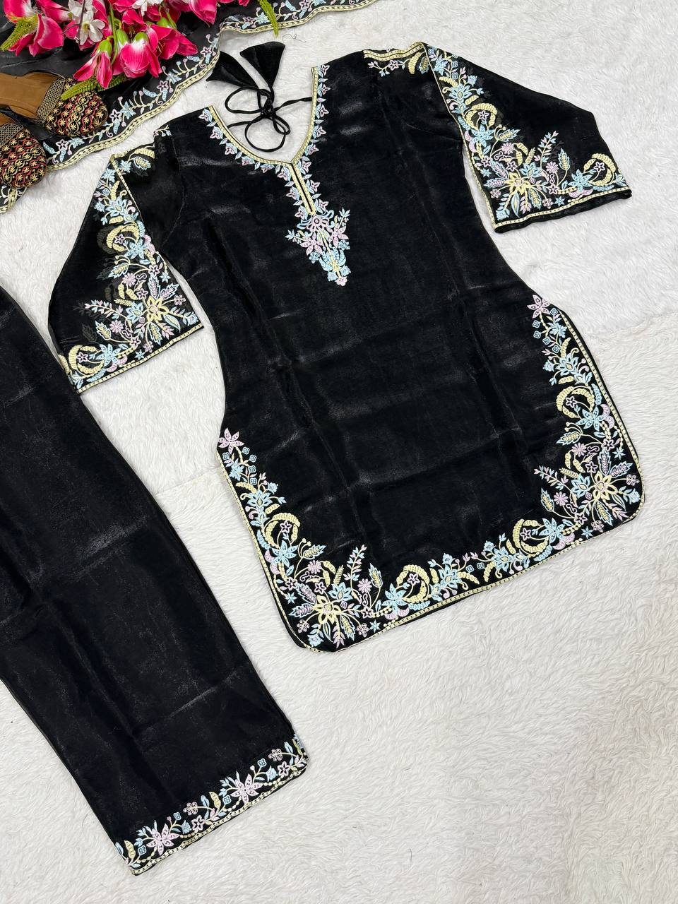 Deep Obsidian Floral-Embroidered Couture
